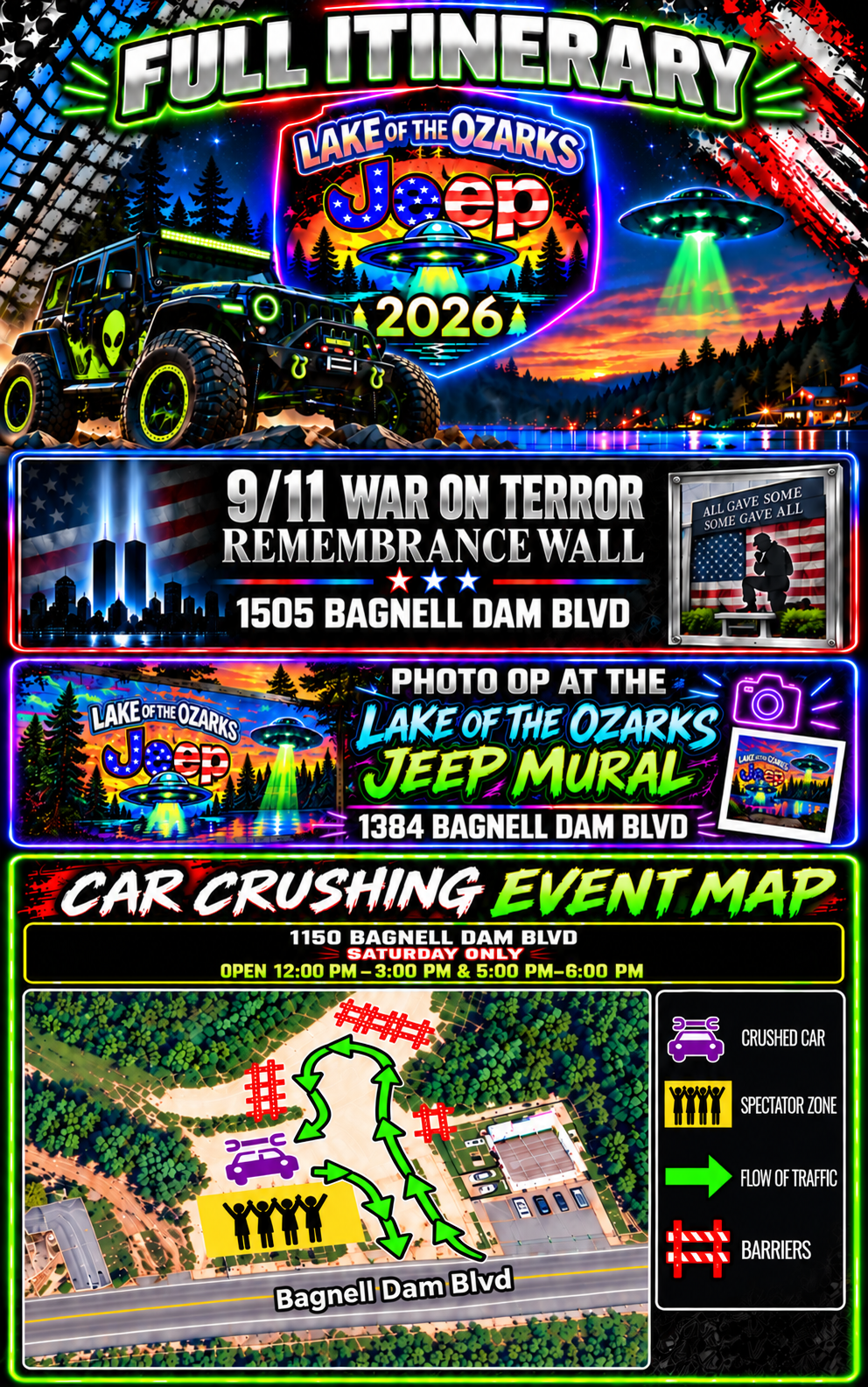 Lake of the Ozarks Jeep 2026 full itinerary, remembrance wall, mural, and Saturday car-crushing map