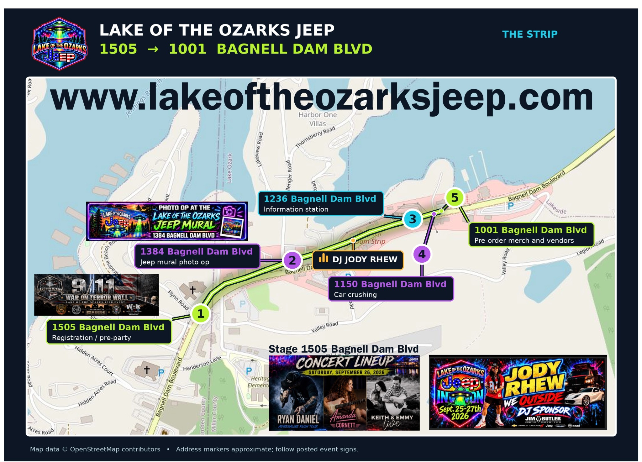 Lake of the Ozarks Jeep Strip event map showing registration, vendors, information station, mural, car crushing, stage, and entertainment